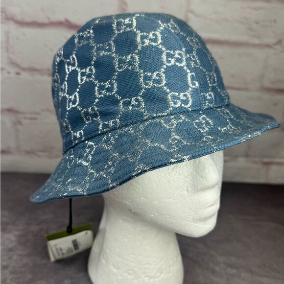 Gucci NWT Canvas Lame GG Monogram Bucket Hat Small Light Blue Silver - Picture 3 of 11